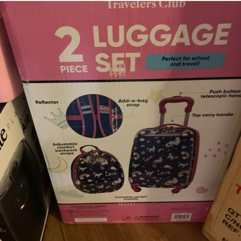 Travelers Club 2-Piece Luggage Set with Unicorn Design NEVER opened brand new.